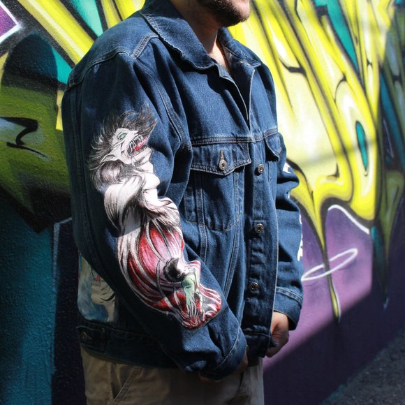 Vintage Denim Jacket Attack on Titan Man's XL Size Hand Painted Art - Picture 6 of 6